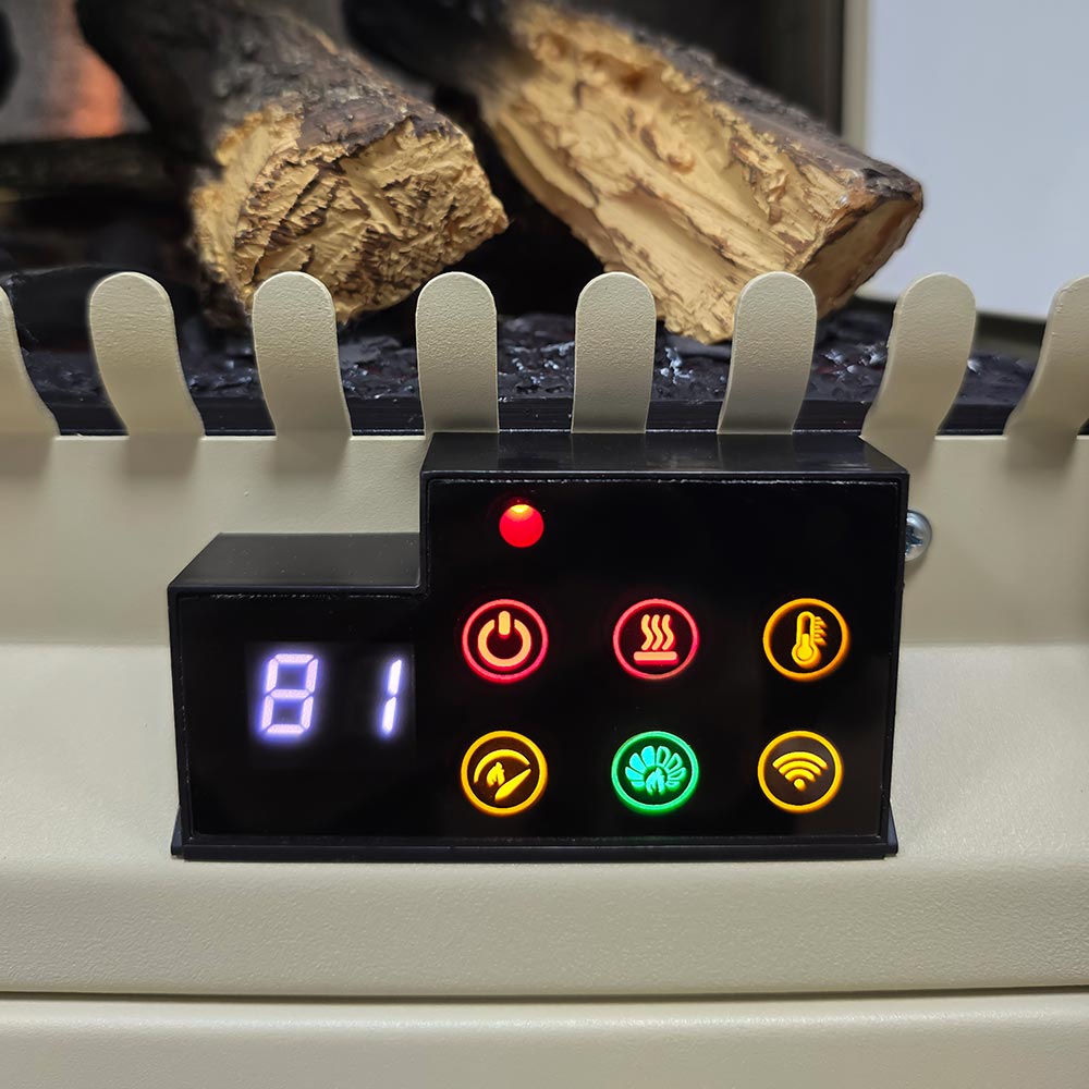 Close-up on the Harlowe stove's faux log set and internal control panel display, showing the digital temperature and flame settings.