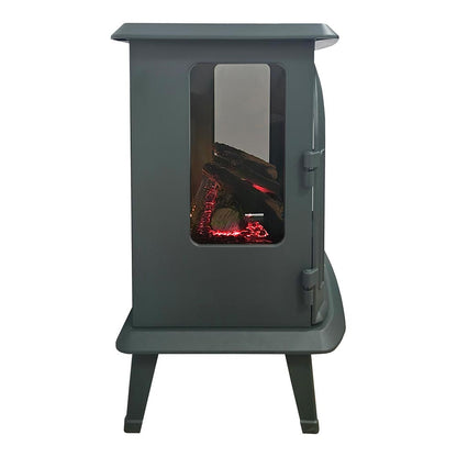 Angled side view of the Harlowe electric stove in a dark green finish, showing its compact size and realistic flame effect.