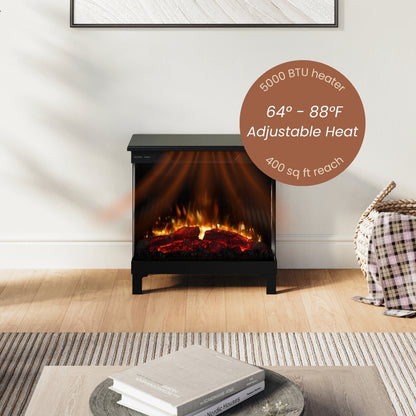 Skyline Smart Stove placed on the floor near a low sitting area, demonstrating the unit's zone heating for comfort.