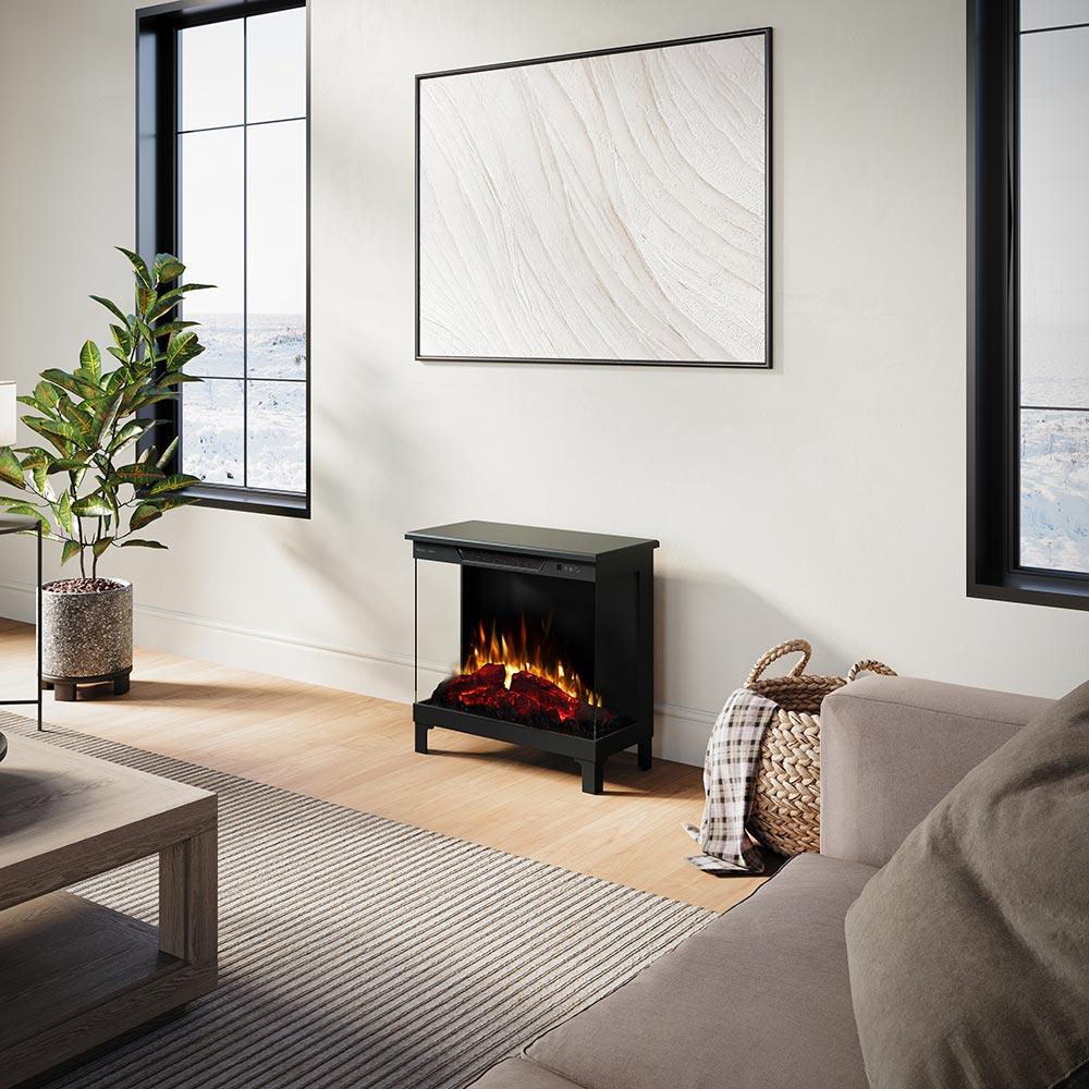 White Skyline Smart Freestanding Stove installed in a clean, brightly lit room, emphasizing its small footprint and portable design.