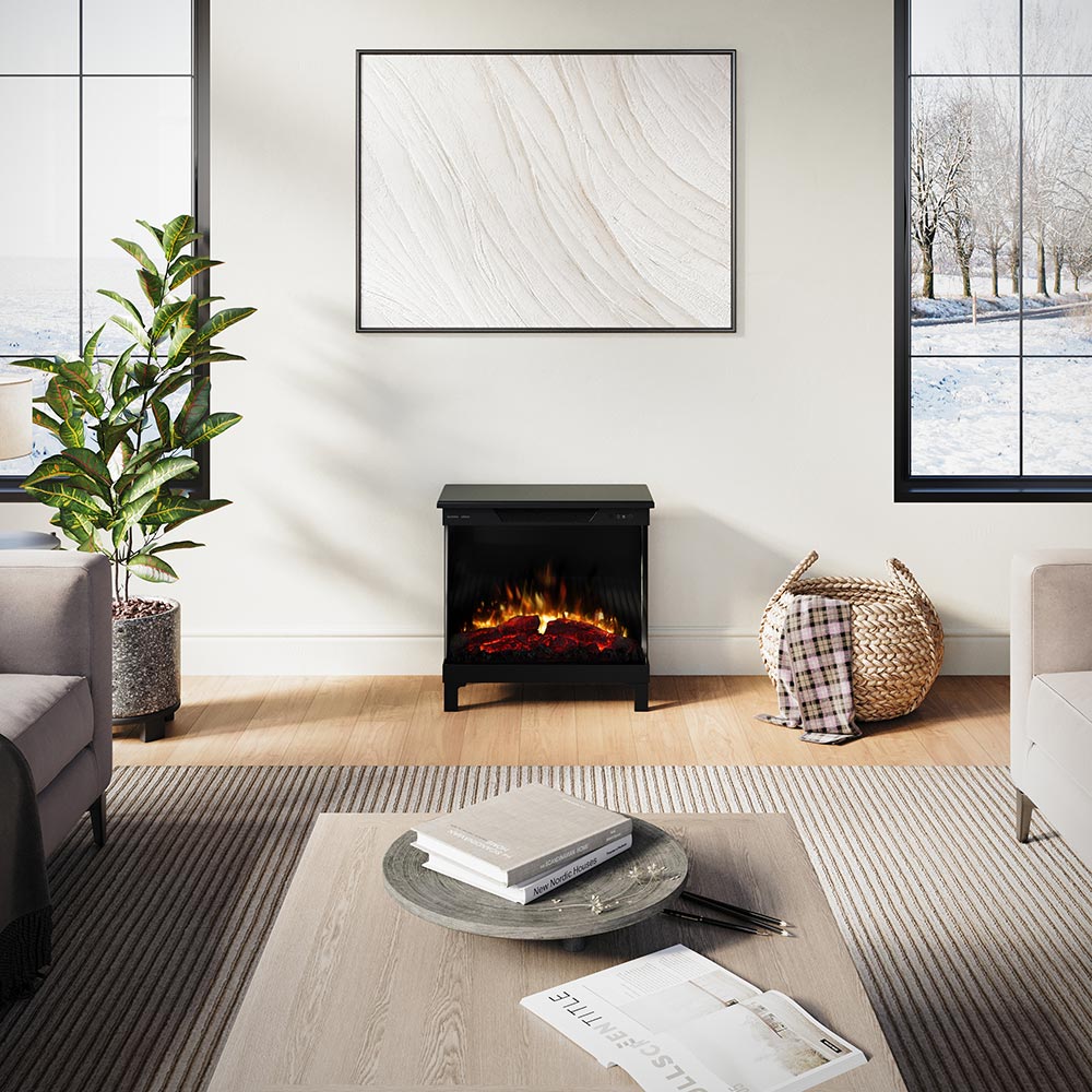  Living Room In-Context)	Skyline 3-Sided Electric Stove in a bright living room, showcasing the warm glow of the flames adding comfort and ambiance.