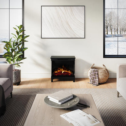  Living Room In-Context)	Skyline 3-Sided Electric Stove in a bright living room, showcasing the warm glow of the flames adding comfort and ambiance.