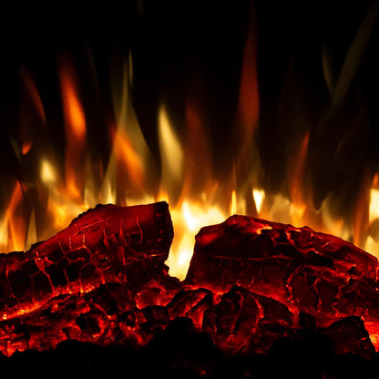 Close-up of the Skyline stove's realistic fire display, showing detailed flames and the faux log set with illuminated embers.