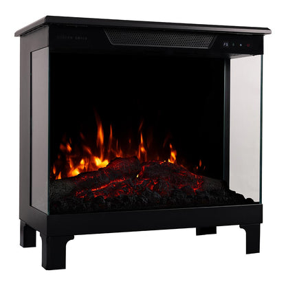 Angled side view of the 24-inch Skyline 3-Sided Stove in black, highlighting the panoramic, three-sided glass display.
