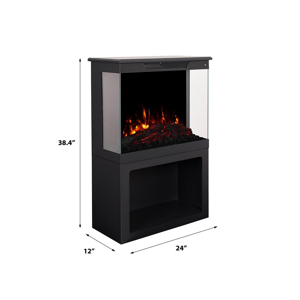 Side view of the 24-inch Skyline Freestanding Electric Stove with storage base, showing its dimensions and metal body construction.