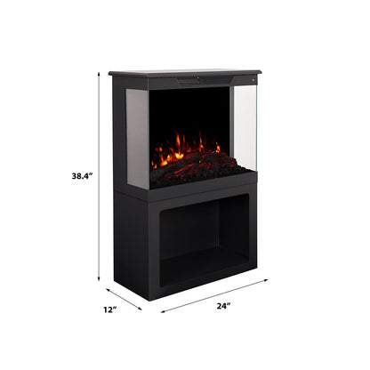 Side view of the 24-inch Skyline Freestanding Electric Stove with storage base, showing its dimensions and metal body construction.