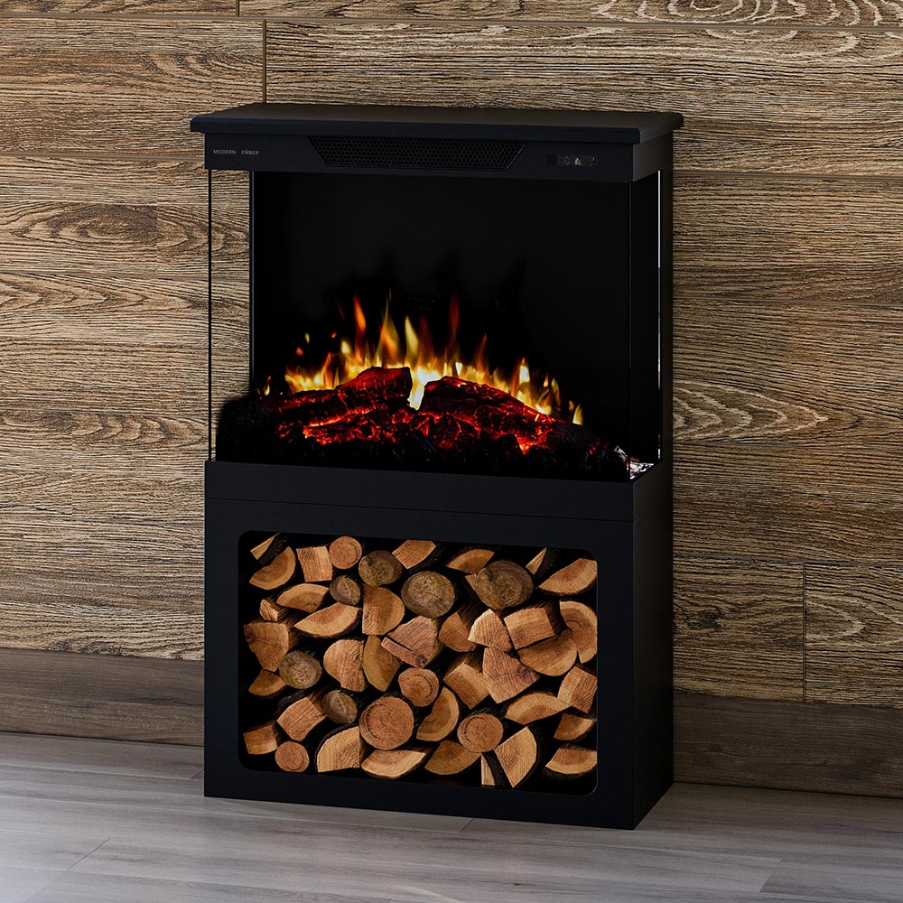 Skyline Freestanding Stove with storage of wood, emphasizing its classic stove aesthetic.