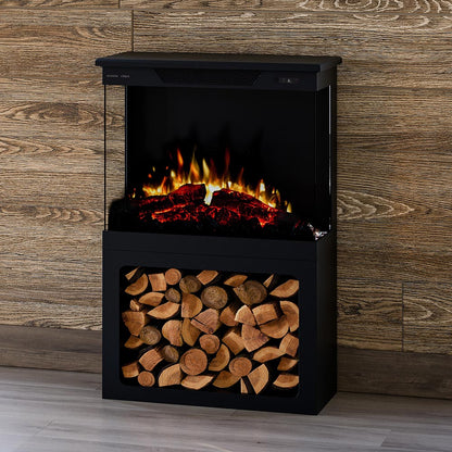Skyline Freestanding Stove with storage of wood, emphasizing its classic stove aesthetic.