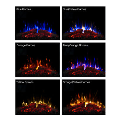 Grid showing six different flame and ember bed color combinations for the Skyline 3-Sided Stove, including blue and red options.
