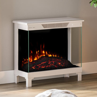  In-Context)	Skyline Smart Electric Stove in a white finish, placed by a window, demonstrating its portability and freestanding design