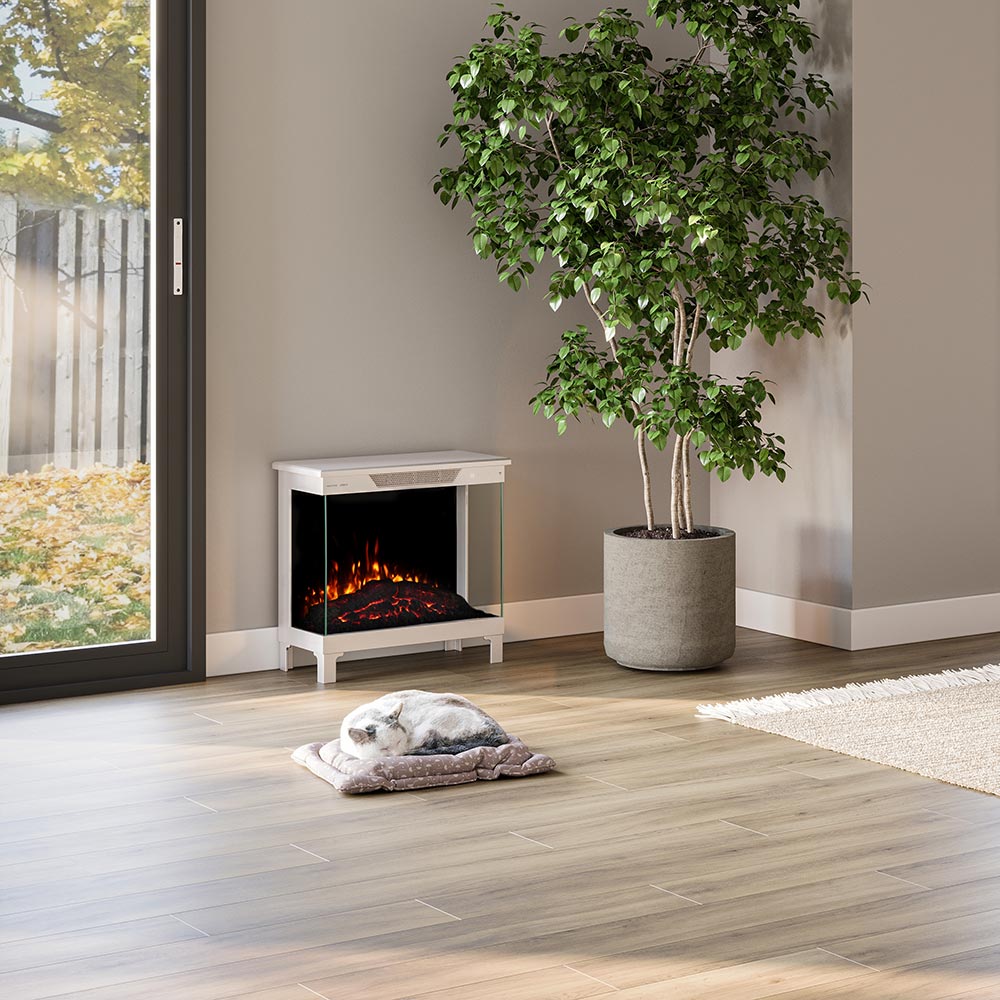 Modern Ember 24-in 3-Sided Freestanding Electric Stove in Taupe Mist ME-24-3SD-TM - Orange & Yellow Flames