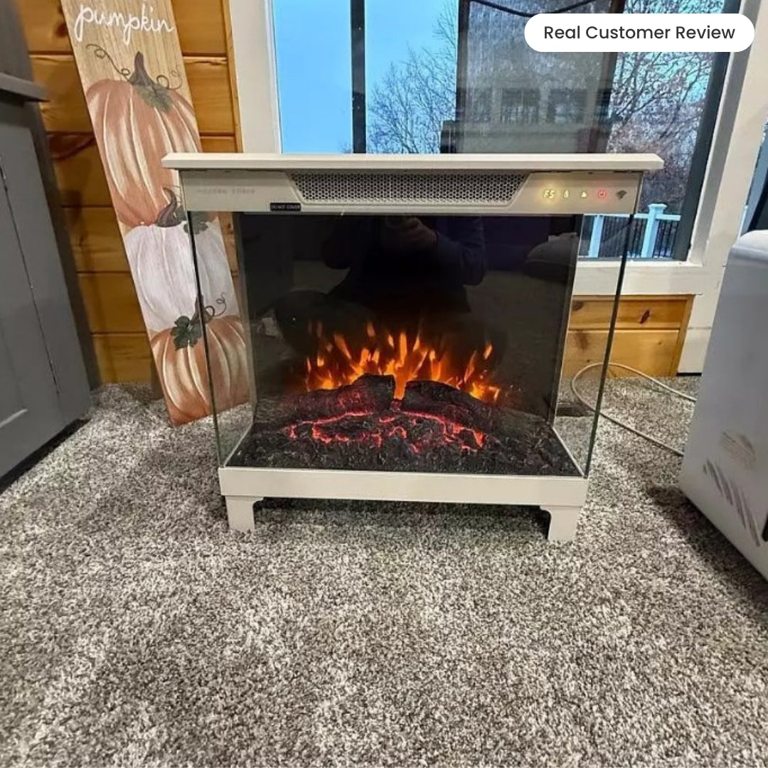 Skyline Smart Stove in taupe providing warmth in a bright, modern minimalist home, showcasing its compact and portable design.