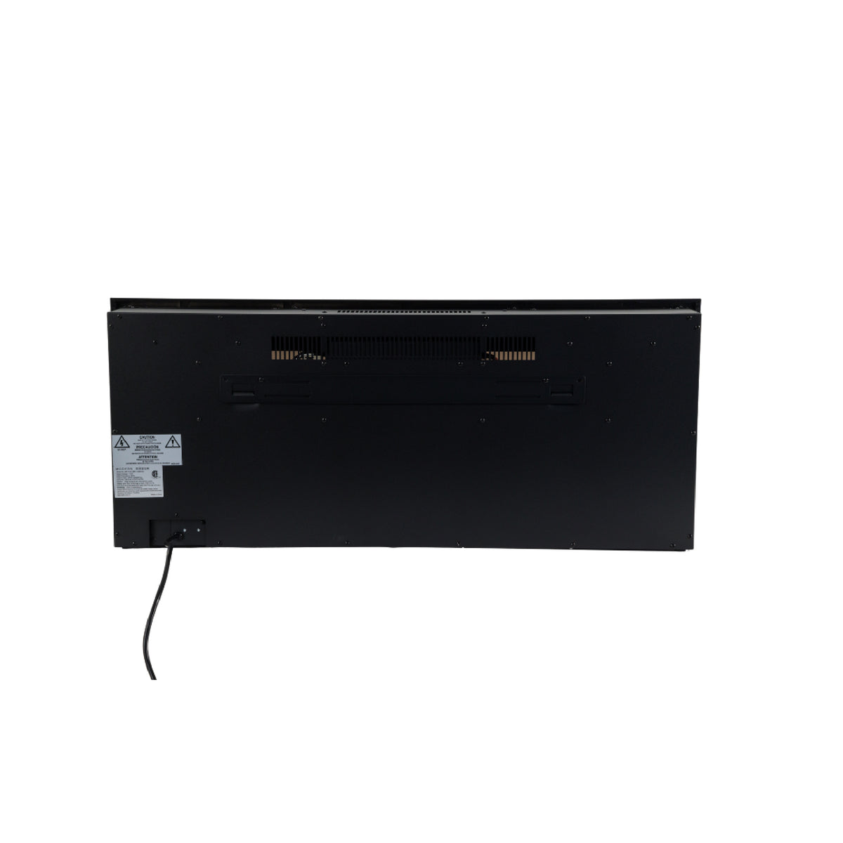 Rear view of the Aerus Slim Linear Electric Fireplace unit, showing the wall mount bracket, ventilation, and power cord connection.