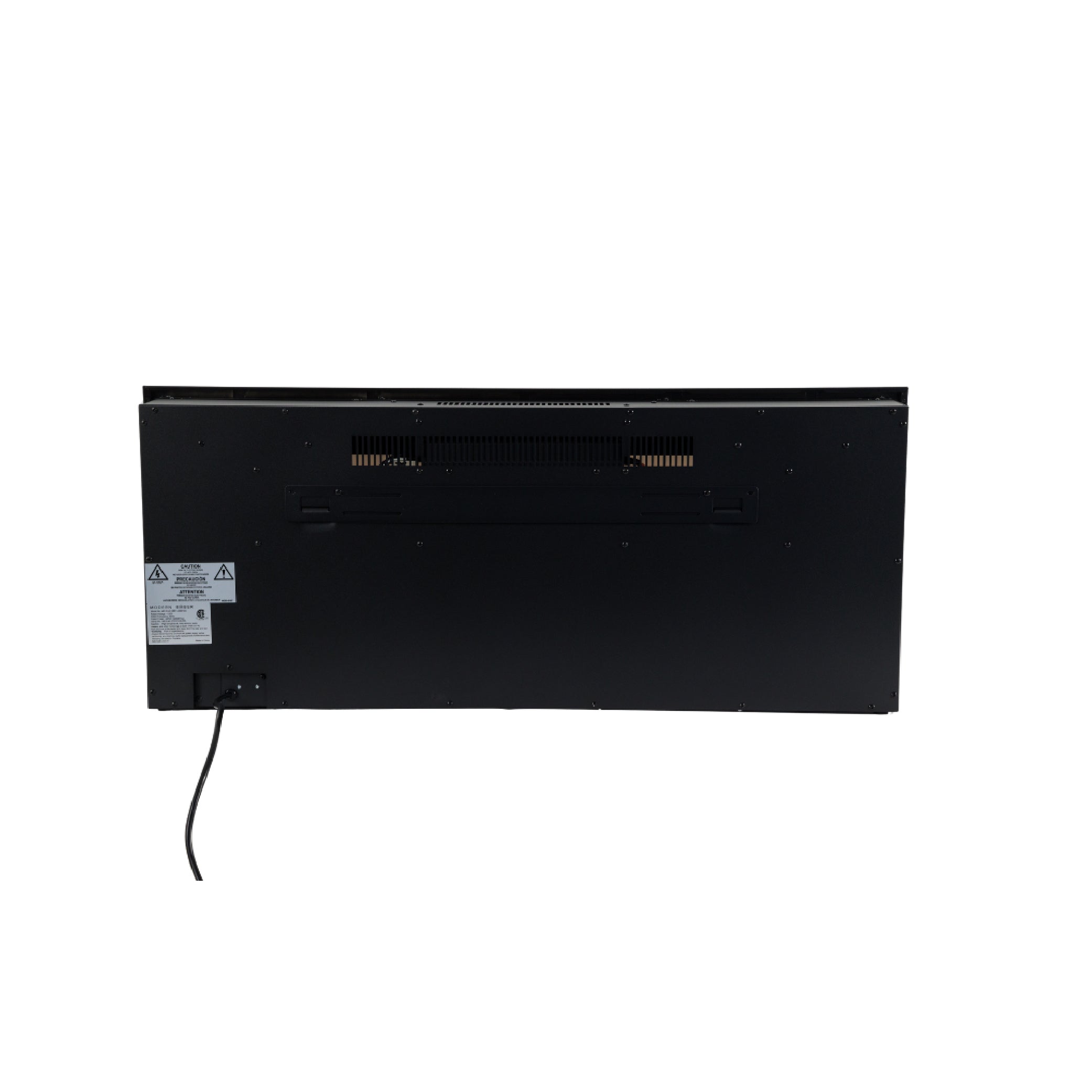 Rear view of the Aerus Slim Linear Electric Fireplace unit, showing the wall mount bracket, ventilation, and power cord connection.