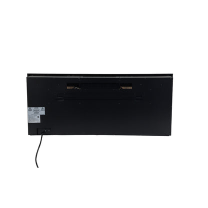 Rear view of the Aerus Slim Linear Electric Fireplace unit, showing the wall mount bracket, ventilation, and power cord connection.