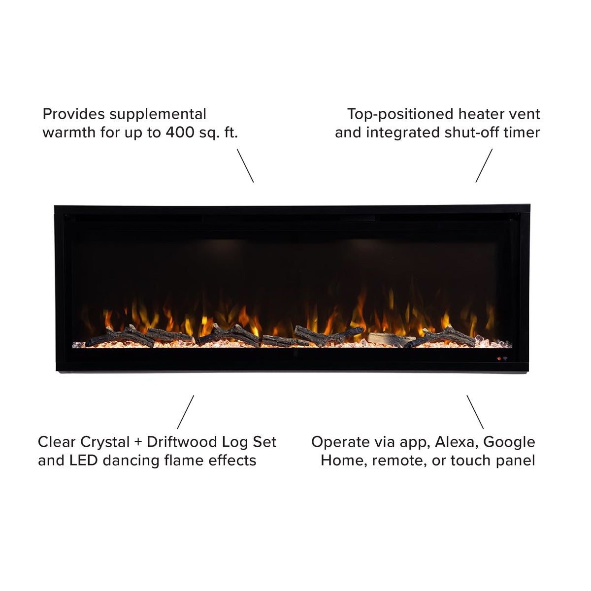 Technical graphic illustrating the Aerus Slim fireplace features: 5 flame colors, 3 speeds, 5 brightness levels, and 10 ember bed colors, along with heating capabilities.