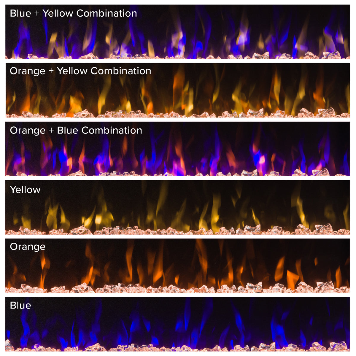 Grid displaying various orange, red, and yellow flame color options for the Aerus Slim Linear Fireplace, demonstrating its versatility.