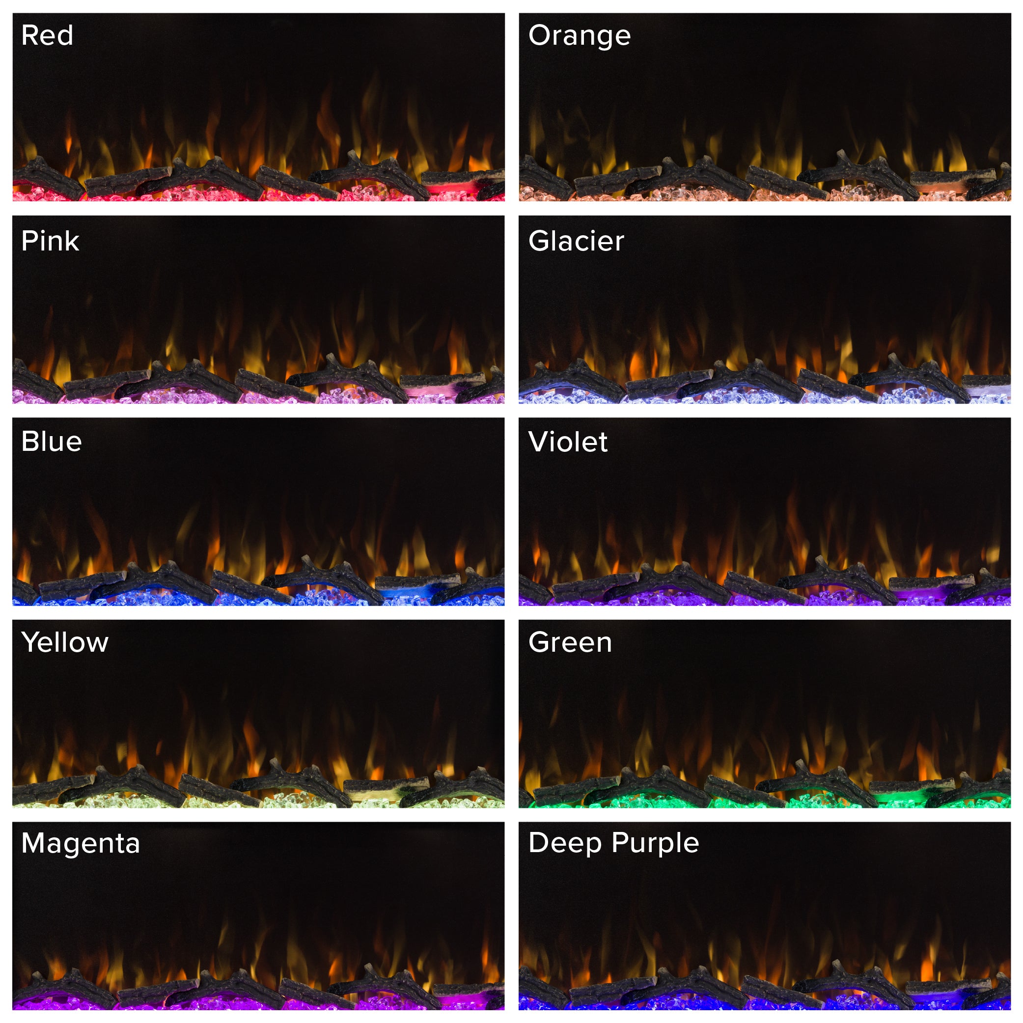Grid displaying various blue, purple, green, and red flame and ember bed color combinations for the Aerus Slim Fireplace.