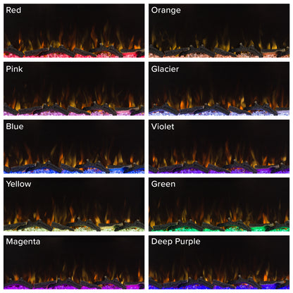 Grid displaying various blue, purple, green, and red flame and ember bed color combinations for the Aerus Slim Fireplace.