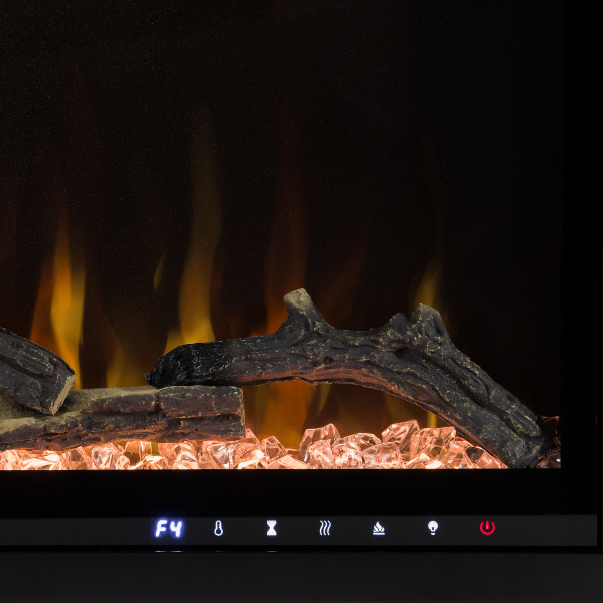 Extreme close-up of the Aerus electric fireplace's realistic orange and yellow flames, showing the detailed log and crystal ember bed.