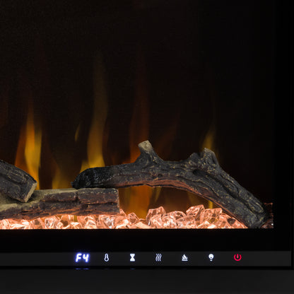 Extreme close-up of the Aerus electric fireplace's realistic orange and yellow flames, showing the detailed log and crystal ember bed.