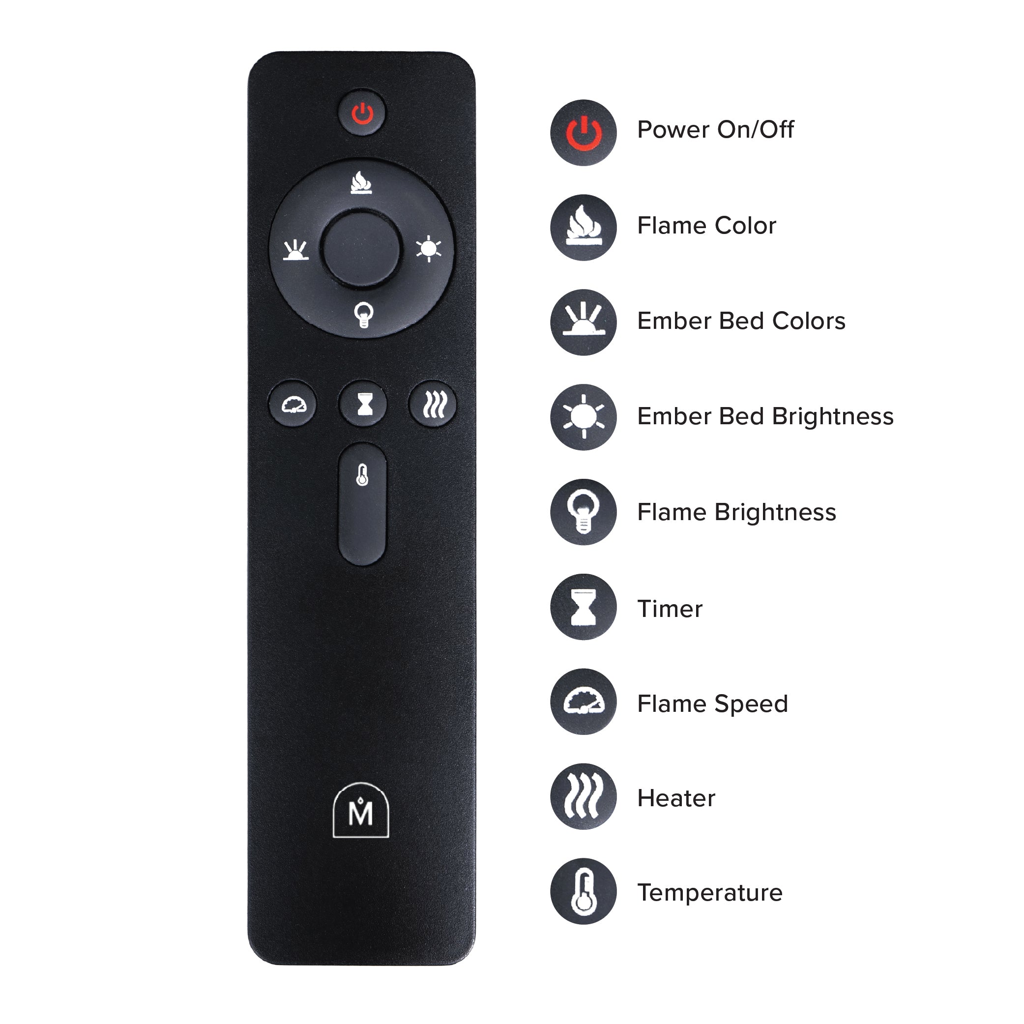 Full layout of the Aerus Slim Linear Electric Fireplace remote control, showing buttons for flame color, speed, brightness, heat, and timer settings.