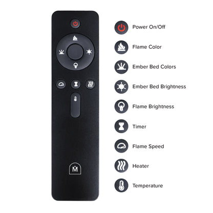 Full layout of the Aerus Slim Linear Electric Fireplace remote control, showing buttons for flame color, speed, brightness, heat, and timer settings.