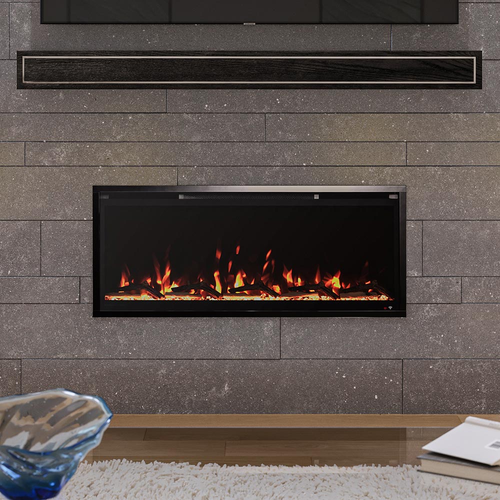 Aerus Slim Electric Fireplace shown installed nearly flush with the wall in a dark gray setting, demonstrating a seamless, recessed application.