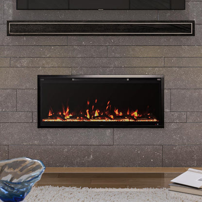 Aerus Slim Electric Fireplace shown installed nearly flush with the wall in a dark gray setting, demonstrating a seamless, recessed application.