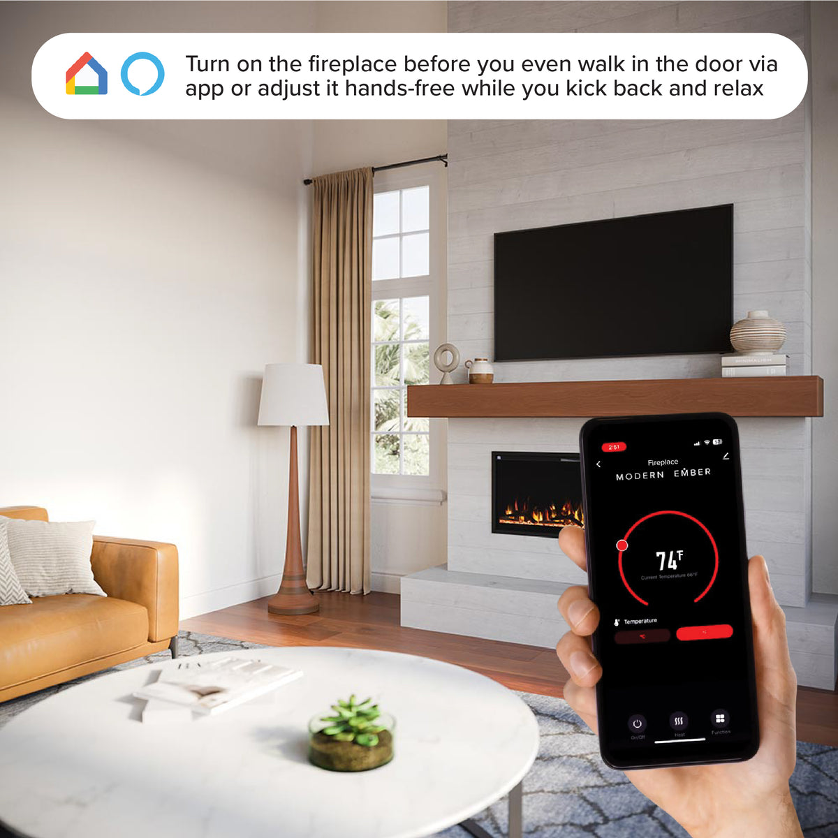 Context Remote Use)	Close-up of a hand using the Aerus Slim Linear Electric Fireplace remote control, highlighting the ease of changing flame and ember bed colors.