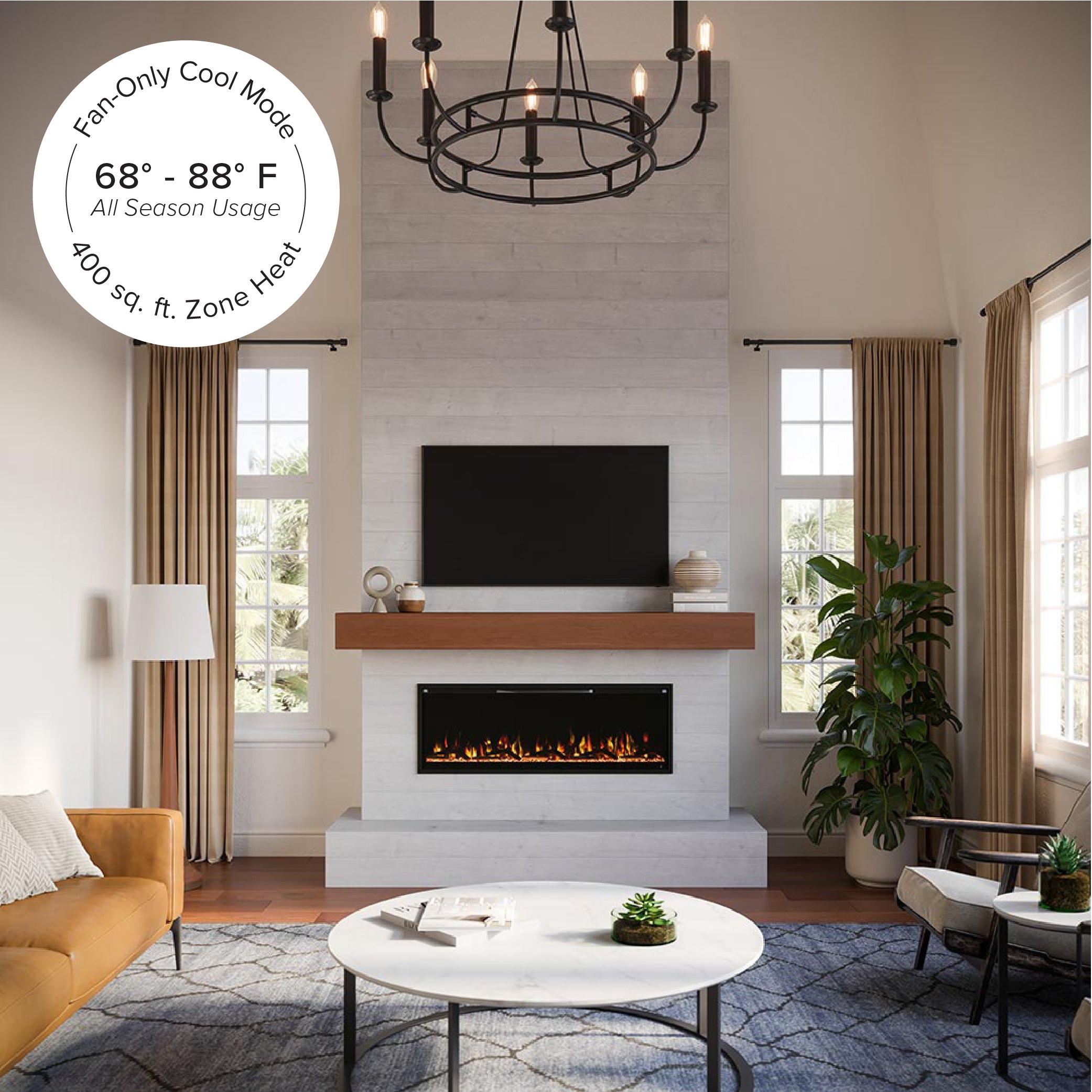 Cozy, bright sitting room featuring the Aerus Slim electric fireplace installed in a feature wall below a TV, creating warmth and ambiance.