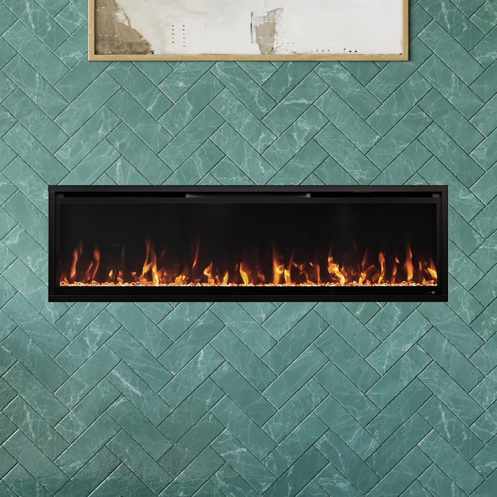 Aerus Slim Linear Electric Fireplace showcasing realistic flame combination over a clear crystal ember bed, perfect for unique moods.