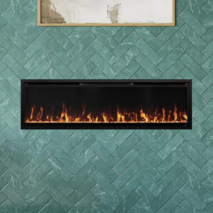 Aerus Slim Linear Electric Fireplace showcasing realistic flame combination over a clear crystal ember bed, perfect for unique moods.