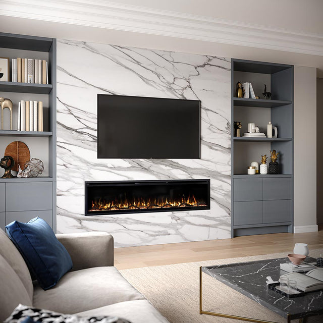 Contemporary living room with the Aerus Slim electric fireplace recessed below a television and floating mantel shelf, creating a sleek focal point.
