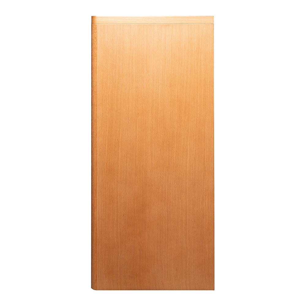 Close-up of the flat wood side panel and finish of the Arrie Mantel.