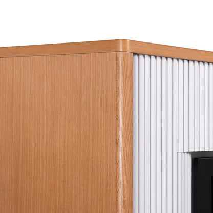 Close-up of the elegant fluting on the side panel of the Arrie Mantel, highlighting the mid-century design.