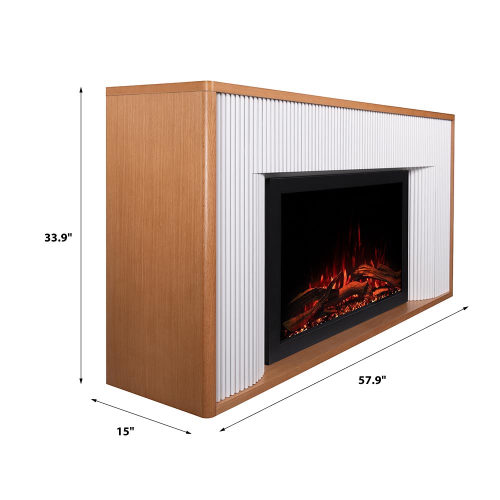 Diagram showing the side and front dimensions of the Arrie Fluted Mantel and 33" firebox.
