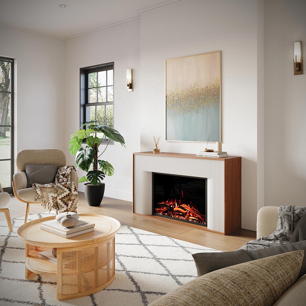 Arrie Fluted Mantel installed in a cozy, bright living room, providing supplemental warmth up to 400 sq. ft..