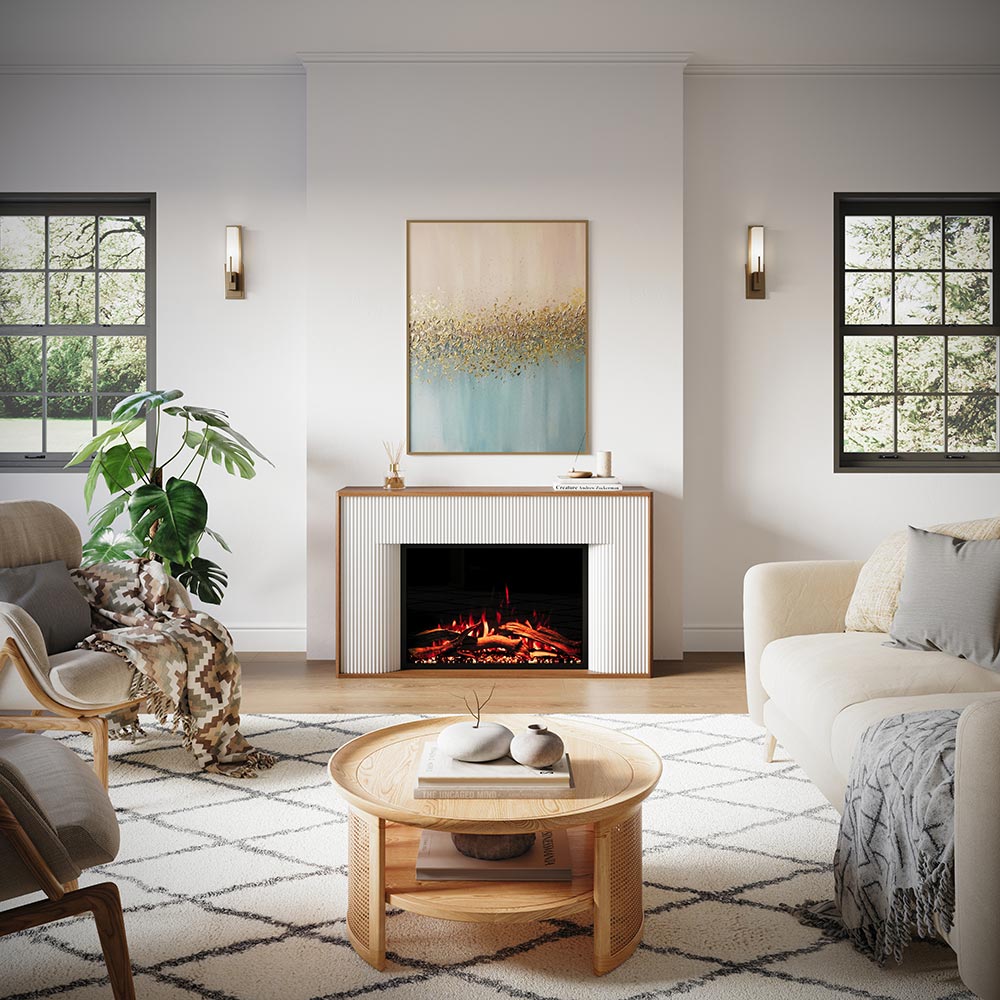 living room view of the 33-inch Highmark electric fireplace insert, showing the full flame display in cozy living room. 