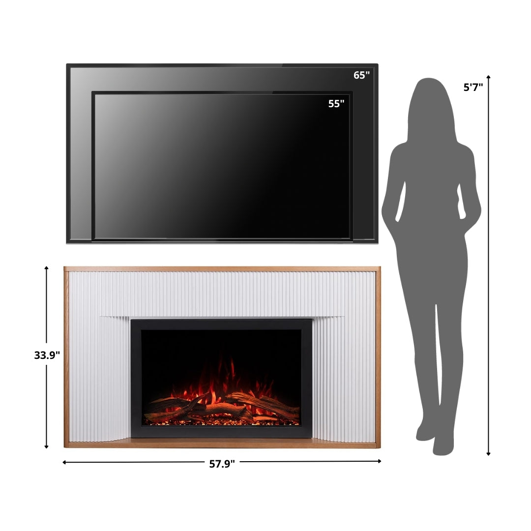 Diagram illustrating the dimensions of the Arrie Fluted Mantel next to a human figure and a large TV.