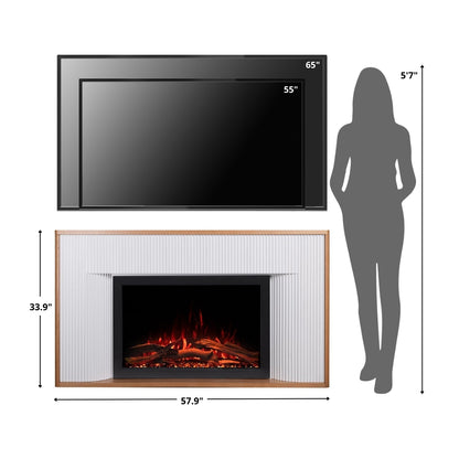 Diagram illustrating the dimensions of the Arrie Fluted Mantel next to a human figure and a large TV.