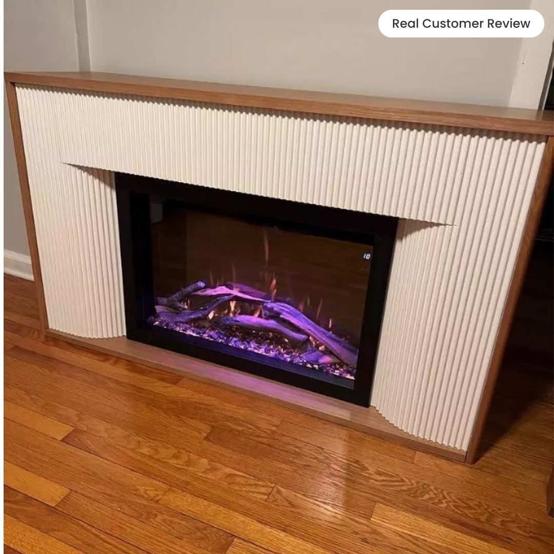 real customer image angled perspective of the Arrie Fluted Mantel, showcasing the curved legs and the depth of the unit.