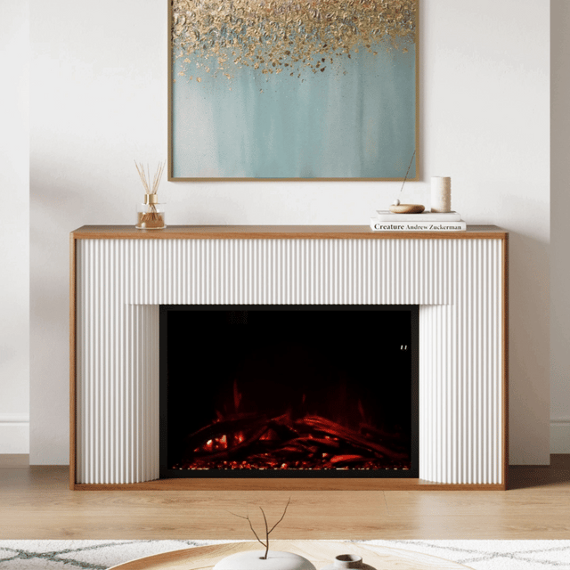 Straight-on view of the Arrie Fluted Mantel with the 33-inch Highmark electric fireplace insert showing animated realistic flames.