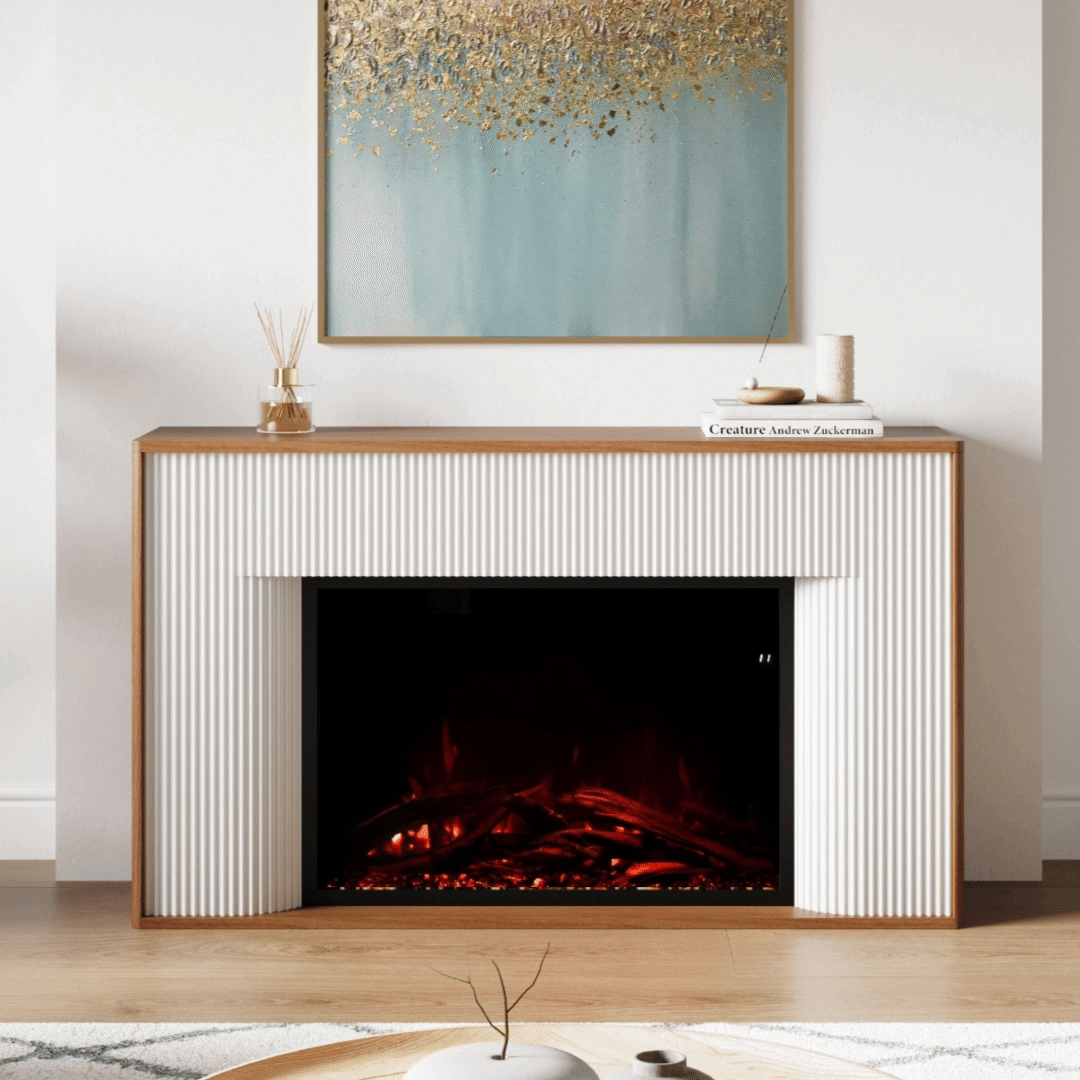 Straight-on view of the Arrie Fluted Mantel with the 33-inch Highmark electric fireplace insert showing animated realistic flames.