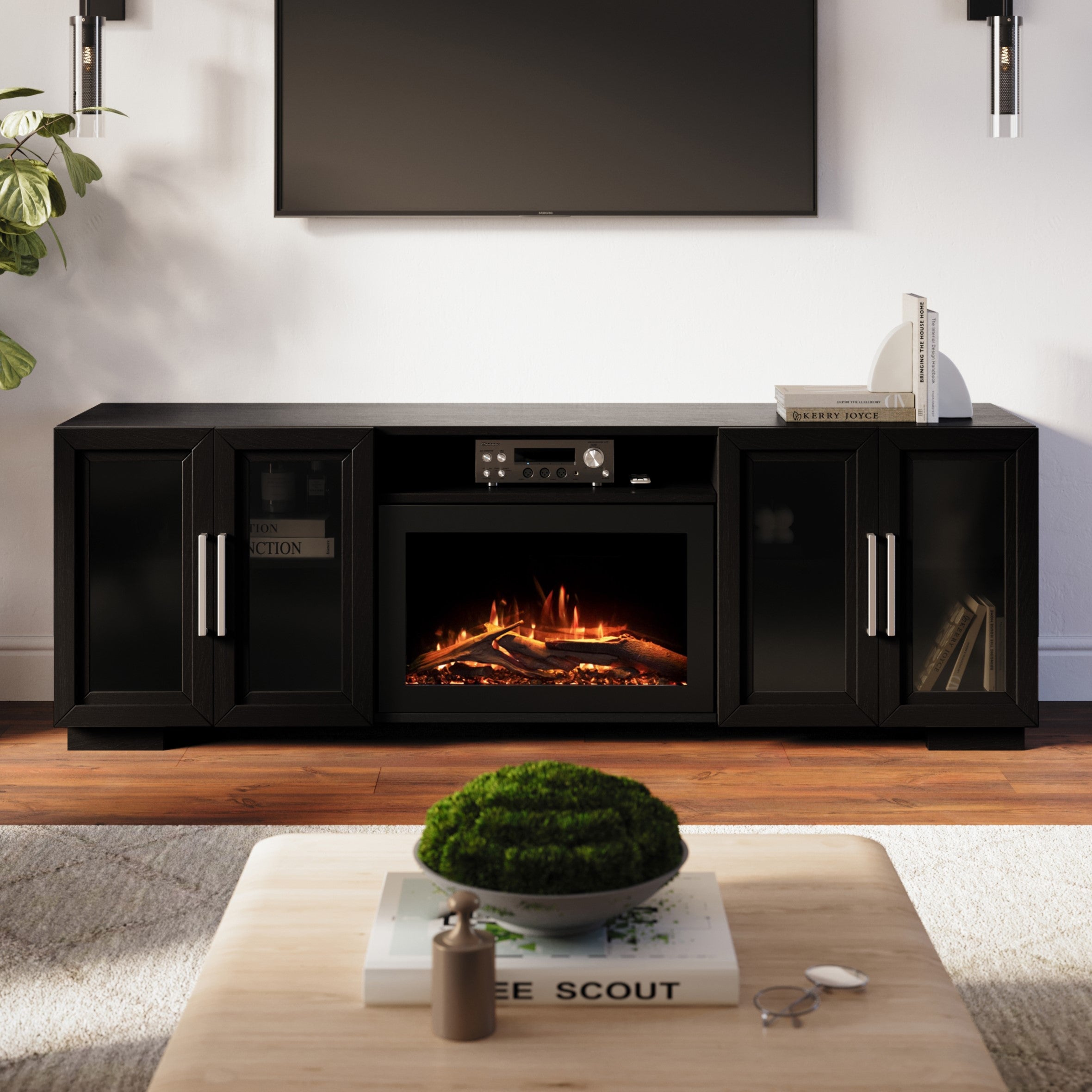 Context)	Channing 80-inch TV Stand in black with integrated 26" smart electric firebox, placed in a modern living room setting.