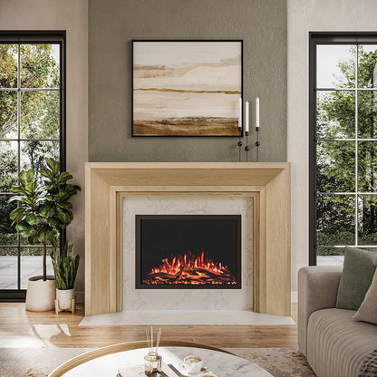 Everly Mantel Surround in whitewash finish installed around an electric fireplace in a living room, complementing a clean, modern aesthetic.