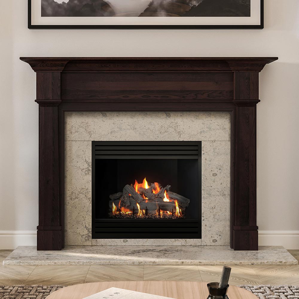 Grant Wood Mantel - Chocolate Stain, Celtic Blue Facing