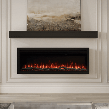 Modern Ember 50-in Highmark Built-In Electric Fireplace, ultra-wide model, recessed beneath a sleek mantel shelf, showcasing a deep, realistic orange flame effect.