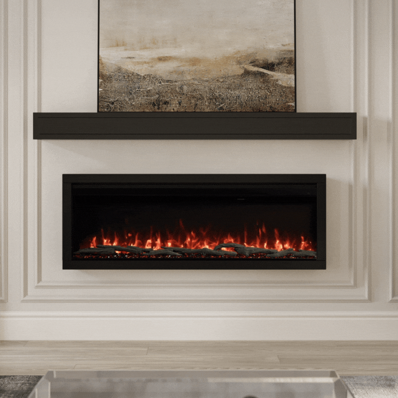 Modern Ember 50-in Highmark Built-In Electric Fireplace, ultra-wide model, recessed beneath a sleek mantel shelf, showcasing a deep, realistic orange flame effect.