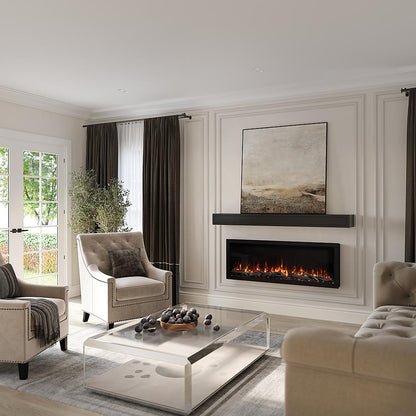 Elegant living room with two chairs facing the Highmark Built-In Electric Fireplace, which is recessed into a white wall beneath a TV.